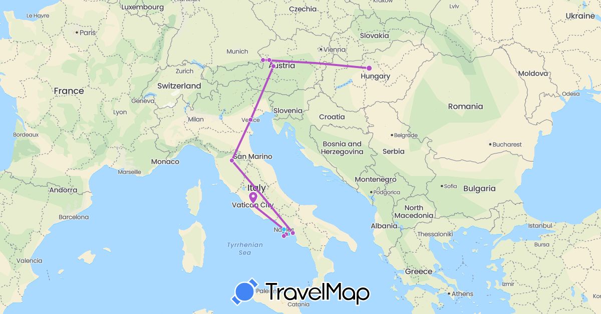 TravelMap itinerary: driving, train, boat in Austria, Hungary, Italy (Europe)